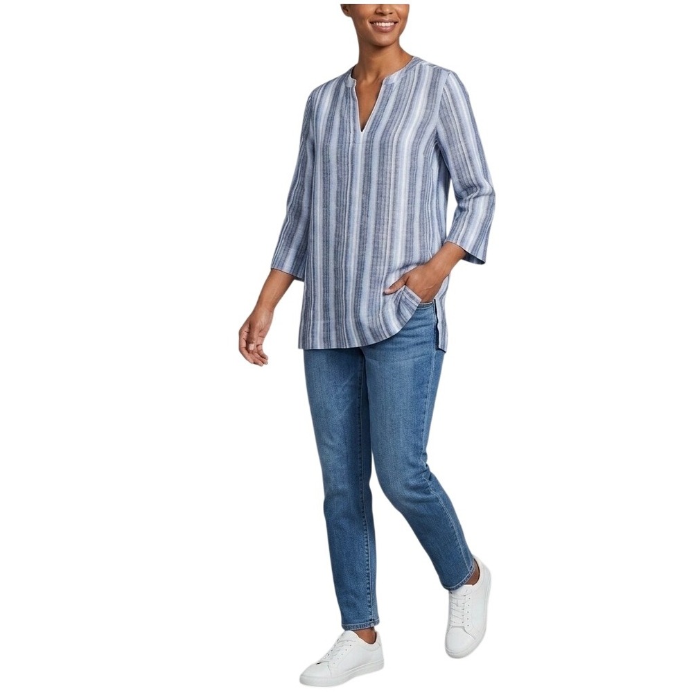 Lands End 100% Linen Tunic Top Women S Blue Striped Split Neck 3/4 Sleeve 535806